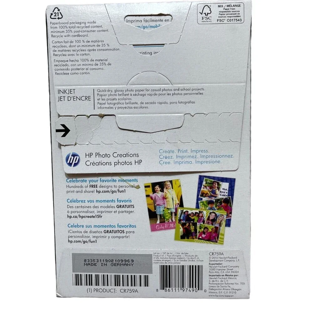 NIB HP cr759a Everyday Photo Paper Glossy 4x6, 100 Sheets